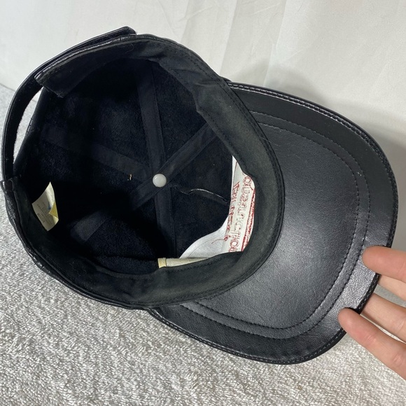 Vintage Black Leather Red Embroidered Brazel Construction Trucker Hat - Picture 7 of 11